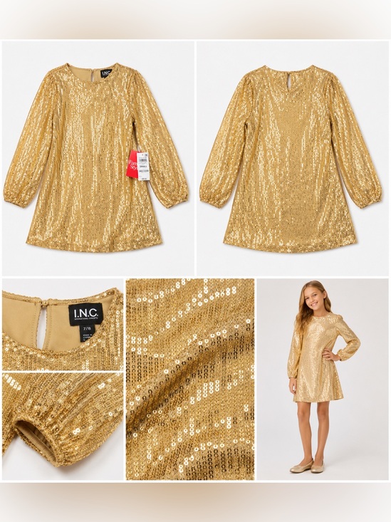 Other - I.N.C. Gold Sequin Dress Girls 7/8 Long Sleeve Holiday Party Shift